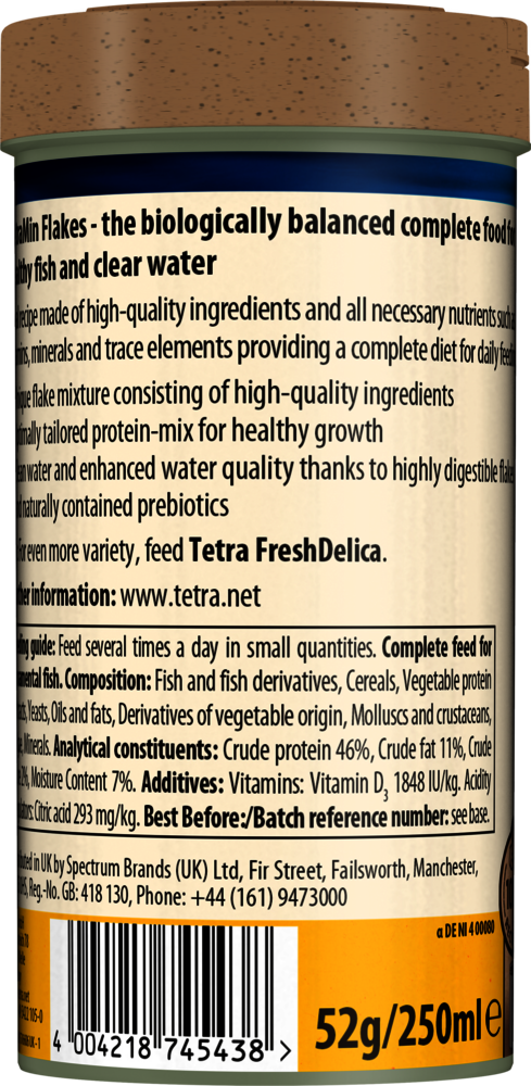 Barattolo posteriore Tetra Min Flakes 500 ml con informazioni nutrizionali per pesci tropicali Barattolo posteriore Tetra Min Flakes 500 ml con informazioni nutrizionali per pesci tropicali